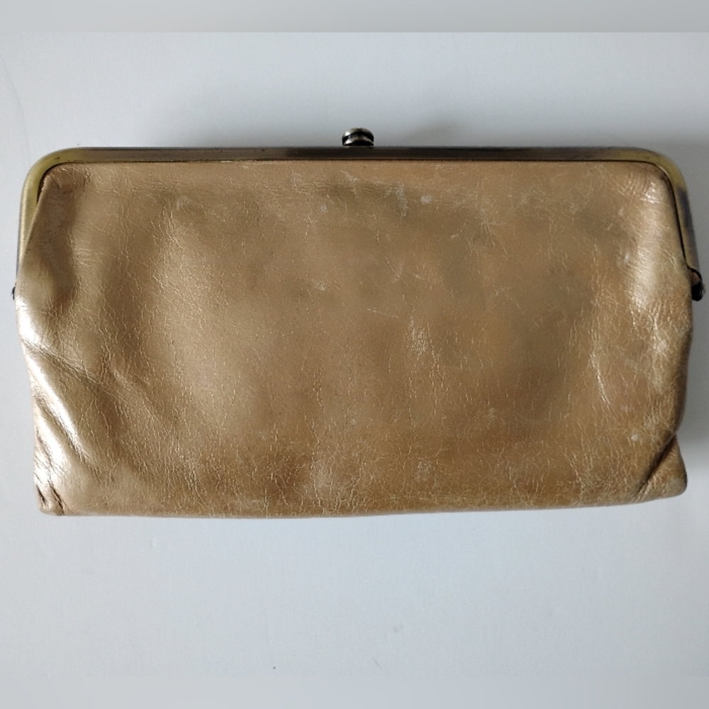 HOBO  Leather Lauren Wallet Kiss Lock Metallic Gold Folding  Classic Clutch - Picture 4 of 12